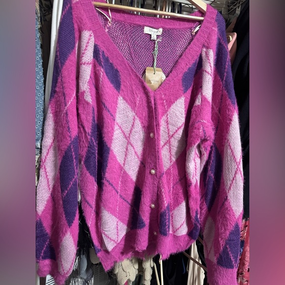 Umgee Pink and Purple Argyle Cardigan - Picture 2 of 2